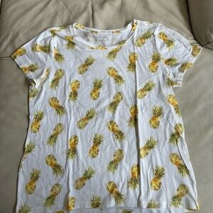 Pineapple Print White Short Sleeve Tee, Women's Size XL